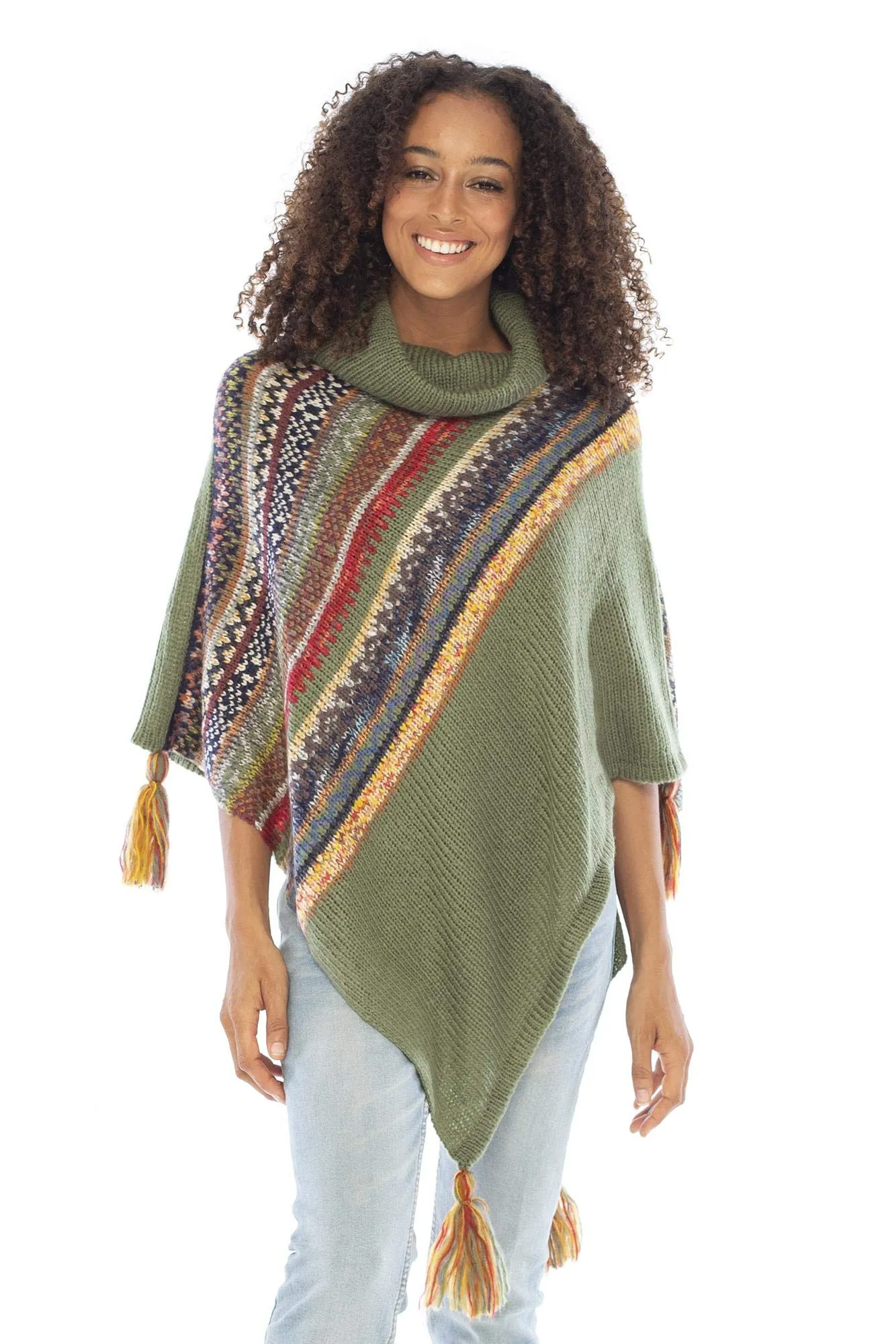 Soft Cowl Neck Poncho with Tassels