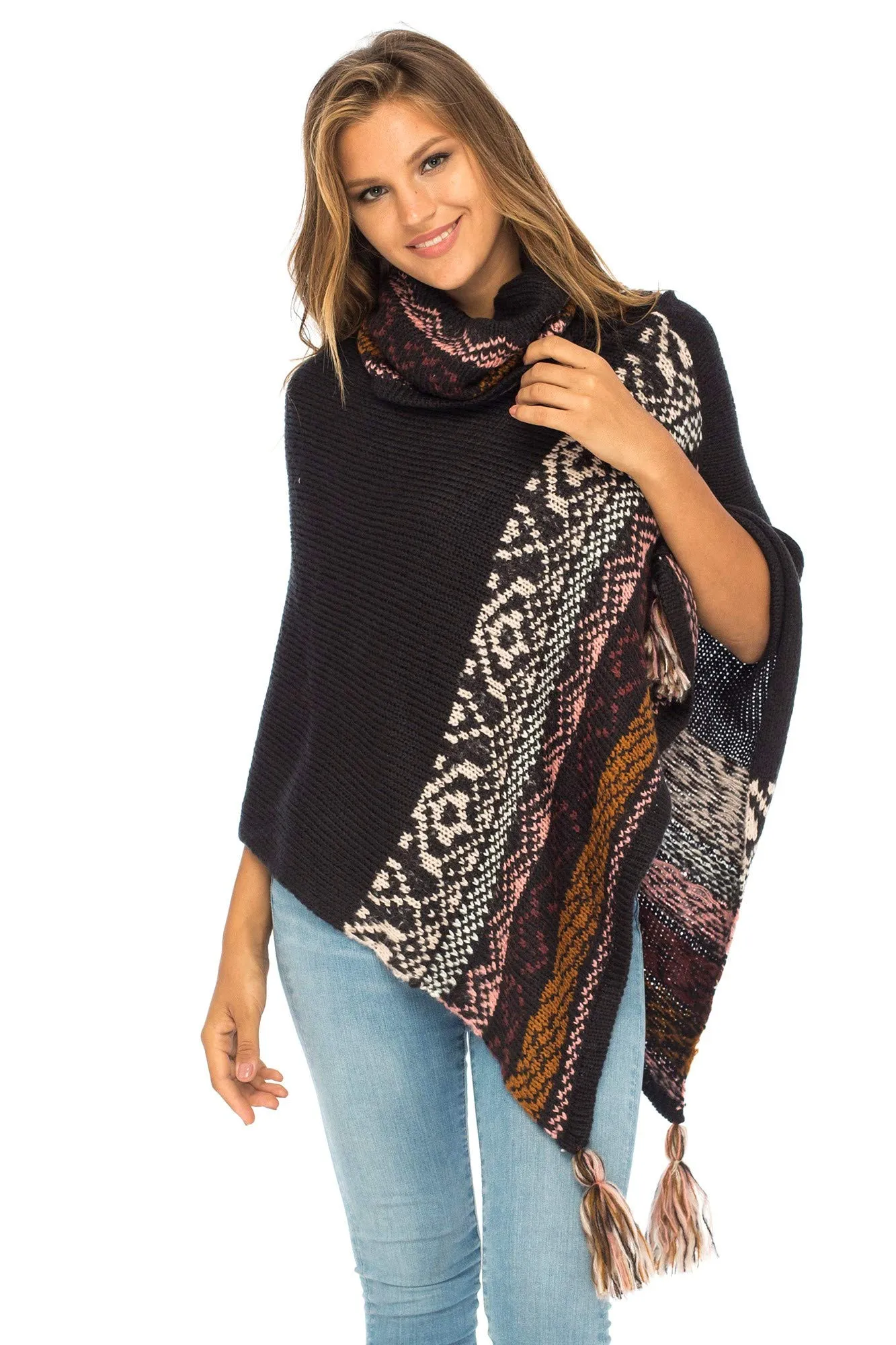 Soft Cowl Neck Poncho with Tassels