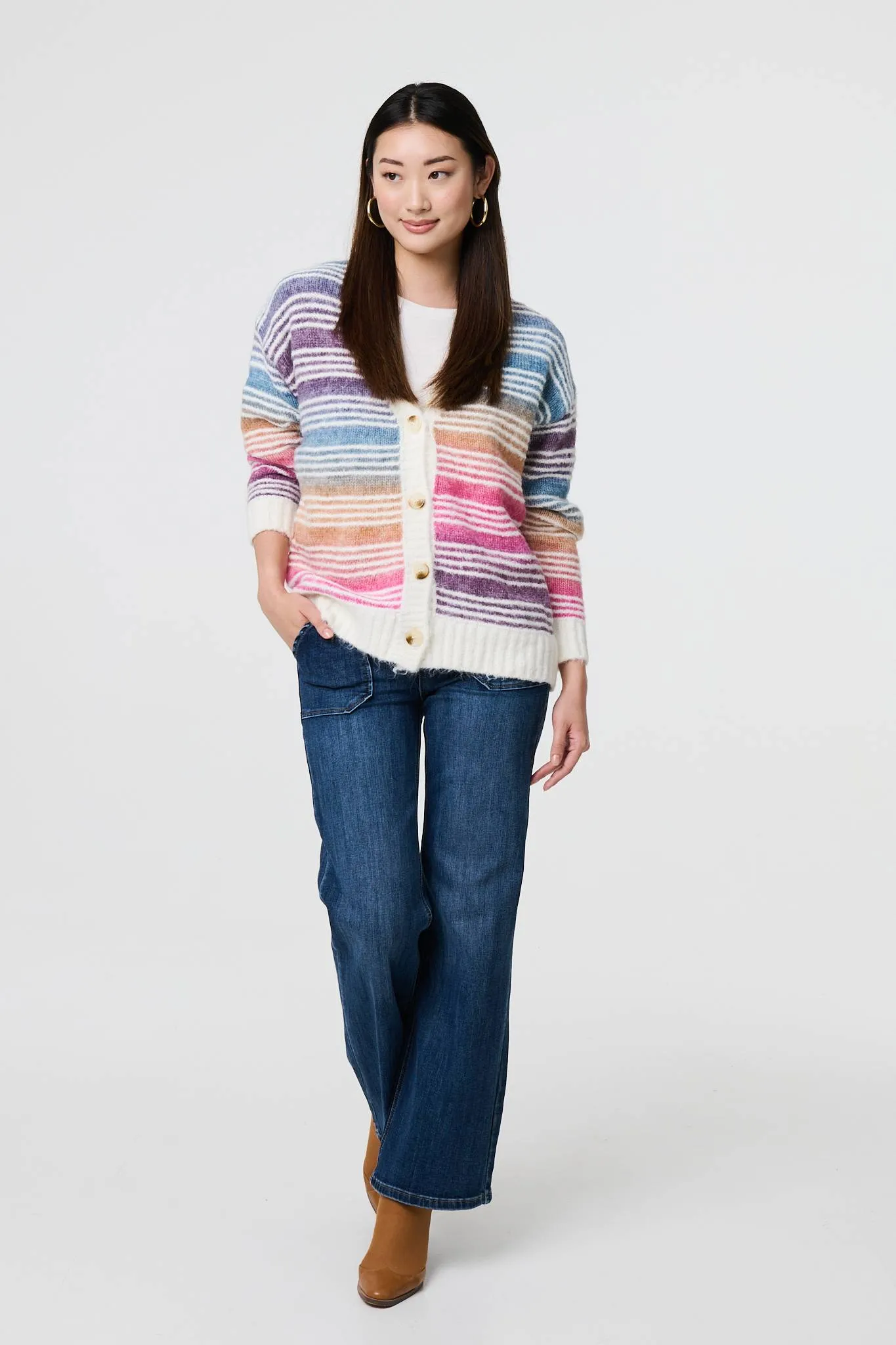 Stripe Print Relaxed V-Neck Cardigan