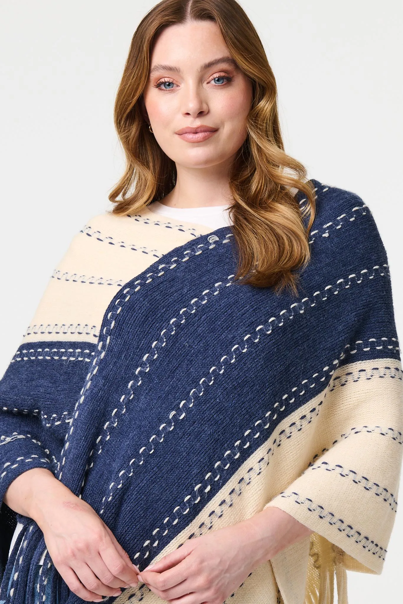 Striped Tassel Trim Oversized Poncho