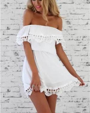 TastyHottie - Trendy Off Shoulder Lace Panel Flounce Belted Dress