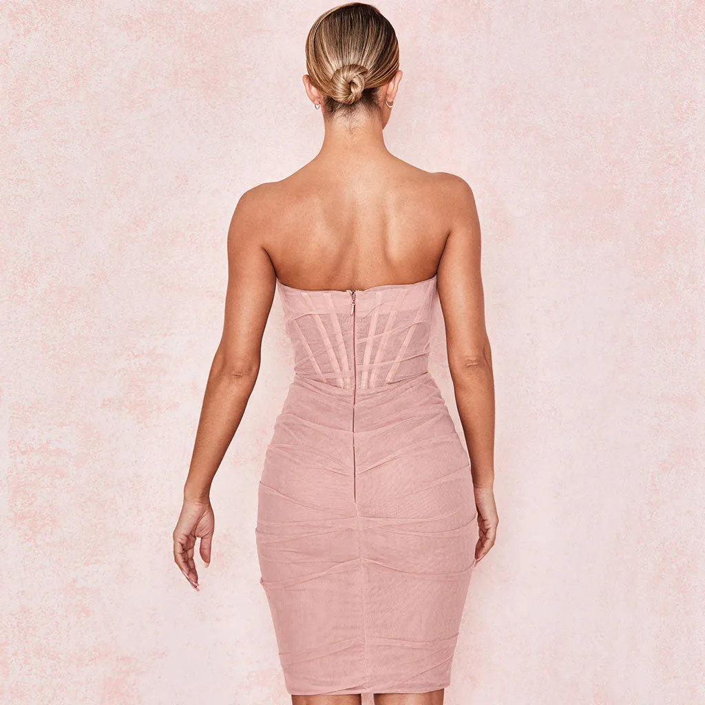 Trendy Strapless Mesh Ruched Bodycon Corset Mini Dress - Pink