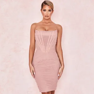 Trendy Strapless Mesh Ruched Bodycon Corset Mini Dress - Pink