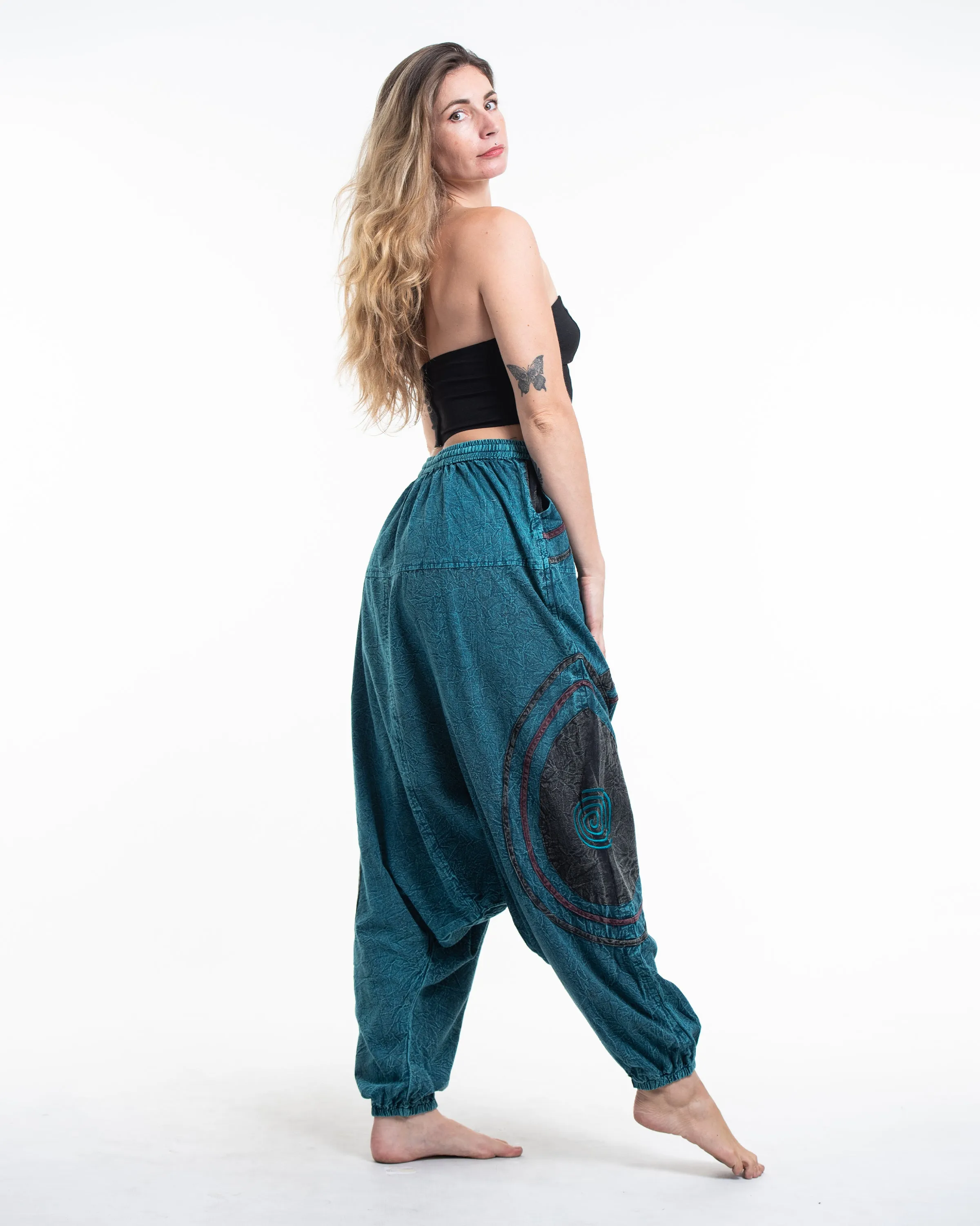 Unisex Patchwork Stone Washed Low Cut Cotton Pants in Blue 01