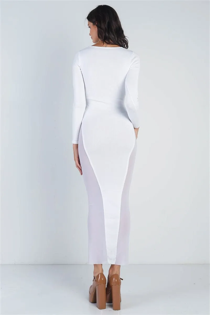 White Cutout Bust Mesh Side Detail Round Neck Long Sleeve Bodycon Maxi Dress