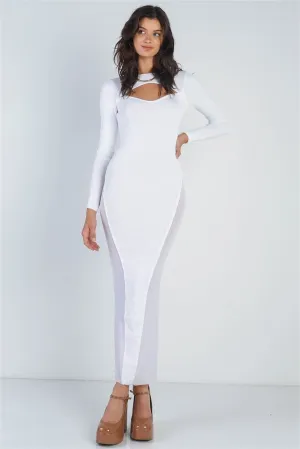 White Cutout Bust Mesh Side Detail Round Neck Long Sleeve Bodycon Maxi Dress