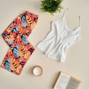 Women summer pajama set Off white top   Orange leaves Pants