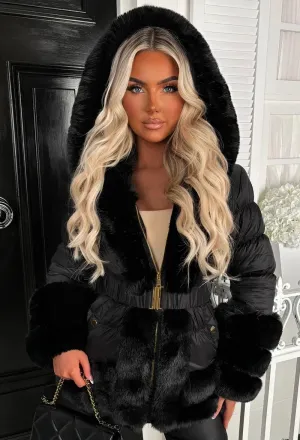 Wrapped In Magic Black Faux Fur Trimmed Belted Puffer Coat